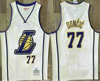 Men%27s Los Angeles Lakers #77 Luka Doncic Cream Throwback Swingman Jersey